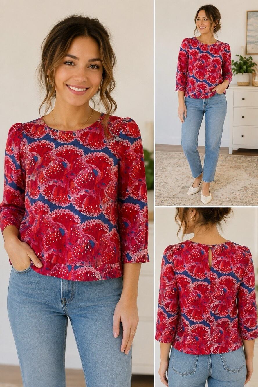 Brooks Brothers Blouse SZ 0 Red Blue Pink 100% Cotton 3/4 Sleeve Womens Pullover